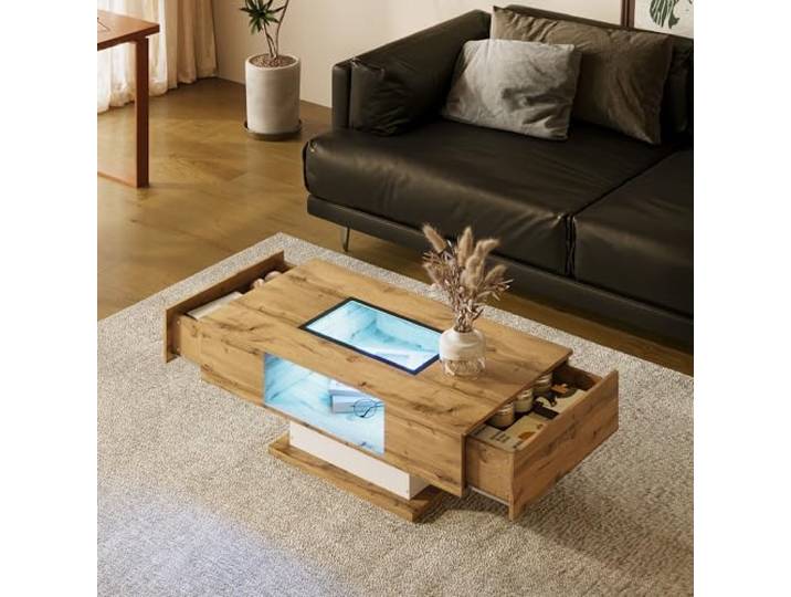 BTM Couchtisch, Wohnzimmertisch mit farbwechselndem LED-Licht, mit Glas, Beistelltisch mit Zwei Schubladen, 110x40x 60 H cm