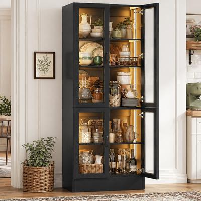 Rackcog 80'' Tall Glass Door Display Bookcase with LED Lights, Freestanding Adjustable Shelf Bookcase Curio Cabinet