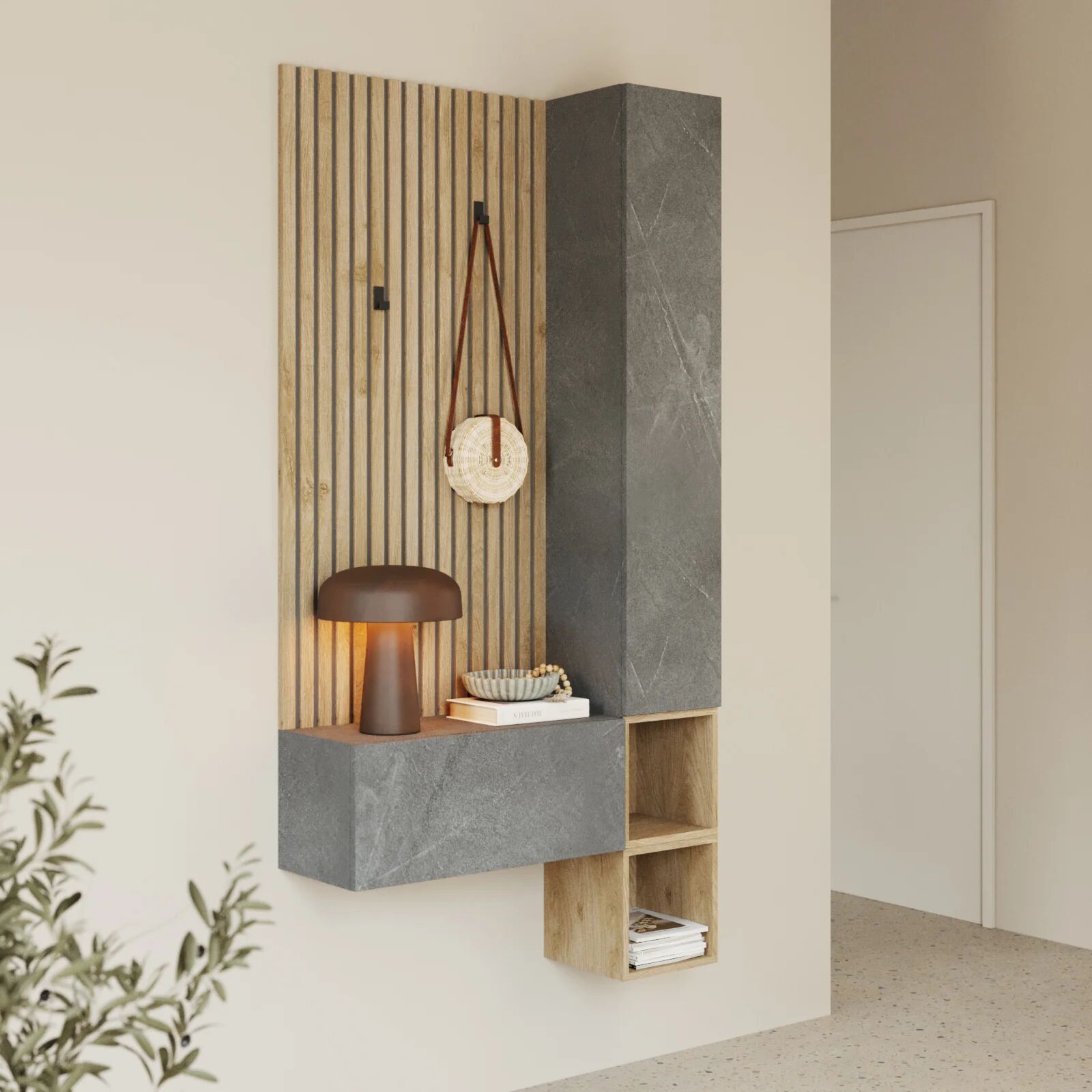 garneroarredamenti Mobile ingresso consolle 98x196h cm pannello cannettato rovere chiaro antracite Sunset Decor 1002