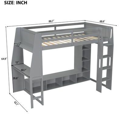 Wood Gaming Loft Bed with Desk, Multi-storage Shelves, LED and a Hanging Clothes Rack