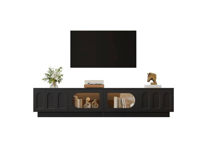 Meuble TV 200cm Longueur Meuble TV LED avec 2 Portes en Verre Trempé et 2 Portes Table Television avec Éclairage LED Noir