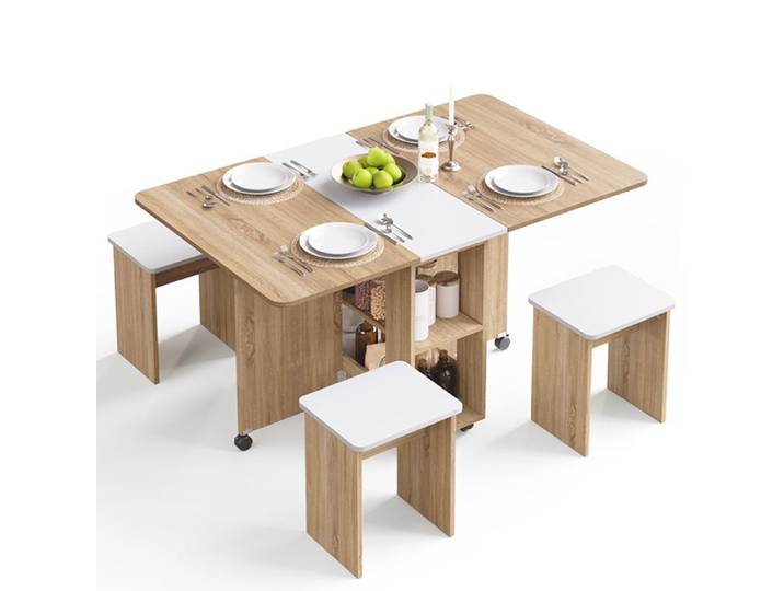 Mondeer ensemble table cuisine pliante avec 4 chaises table pliante intérieur avec rangement pour petits espaces naturel et blanc
