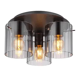 Deckenleuchte Deckenlampe Esstischleuchte Wohnzimmerlampe 3 Flammig Rauchglas, Metall grau, 3x E27 Fassungen, DxH 37x20 cm