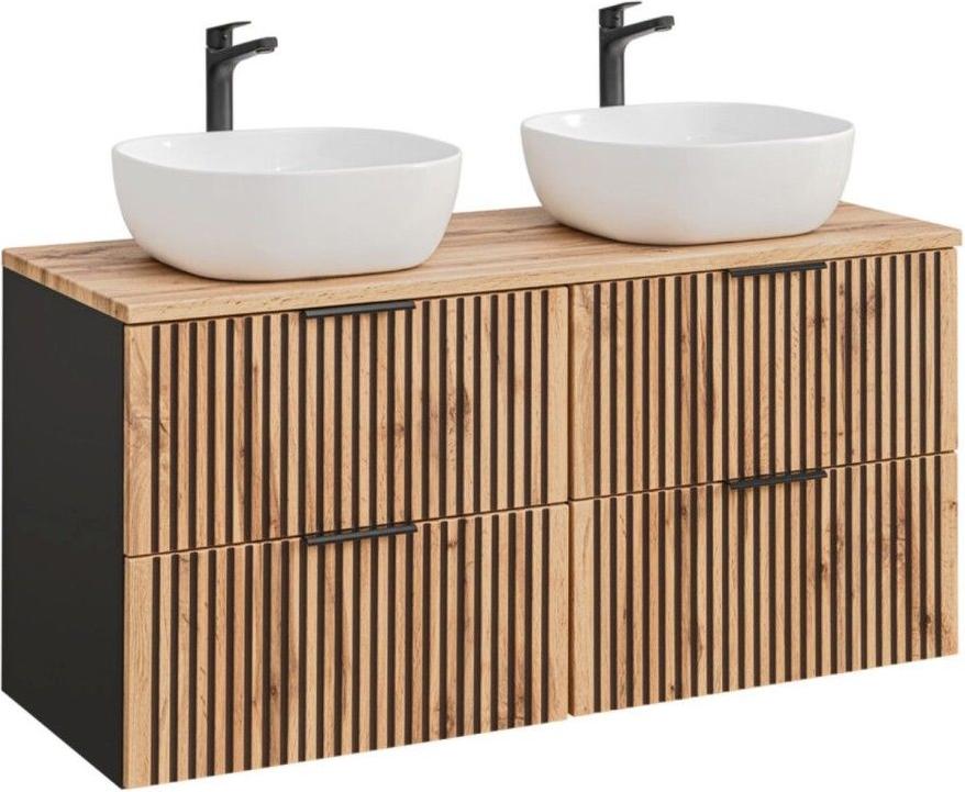 Set KINOKO: Unterschrank 120cm + Waschtischplatte + 2 weiße, abgerundete quadratische Aufsatzwaschbecken