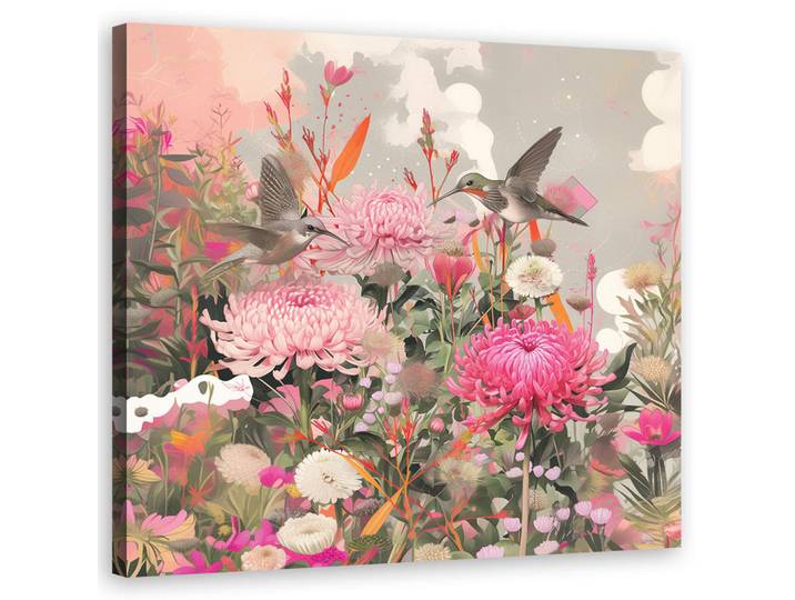 Feeby Wandbild vögel und blumen auf dem feld, Mehrfarbig, Floral, Rechteckig, 50x50 cm, Bilder & Rahmen, Bilder, Leinwandbilder