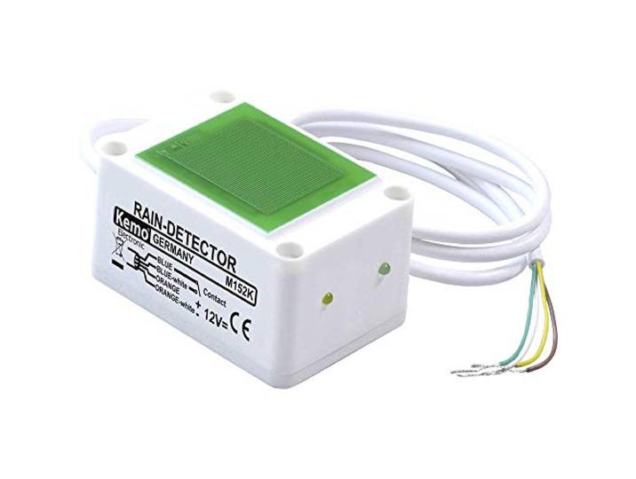 Kemo M152K capacitieve regensensor. Relais-activering zelfs bij gedestilleerd water. Instelbare gevoeligheid, met 2 LED-indicatoren