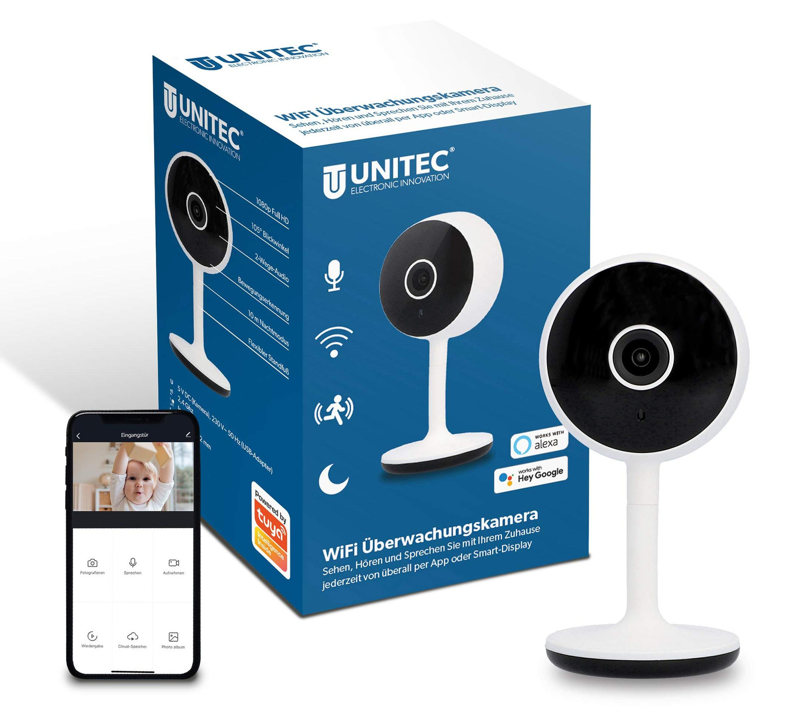 Unitec WiFi slimme bewakingscamera met Full HD video, bewegings- en geluidsdetectie