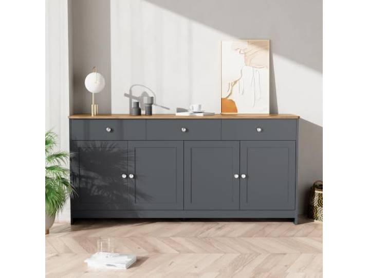 Elaimoros Sideboard mit Holzmaserung, Vier Türen, DREI Schubladen, Wohnzimmer, Esszimmer. Holzfarbe und Grauschwarz