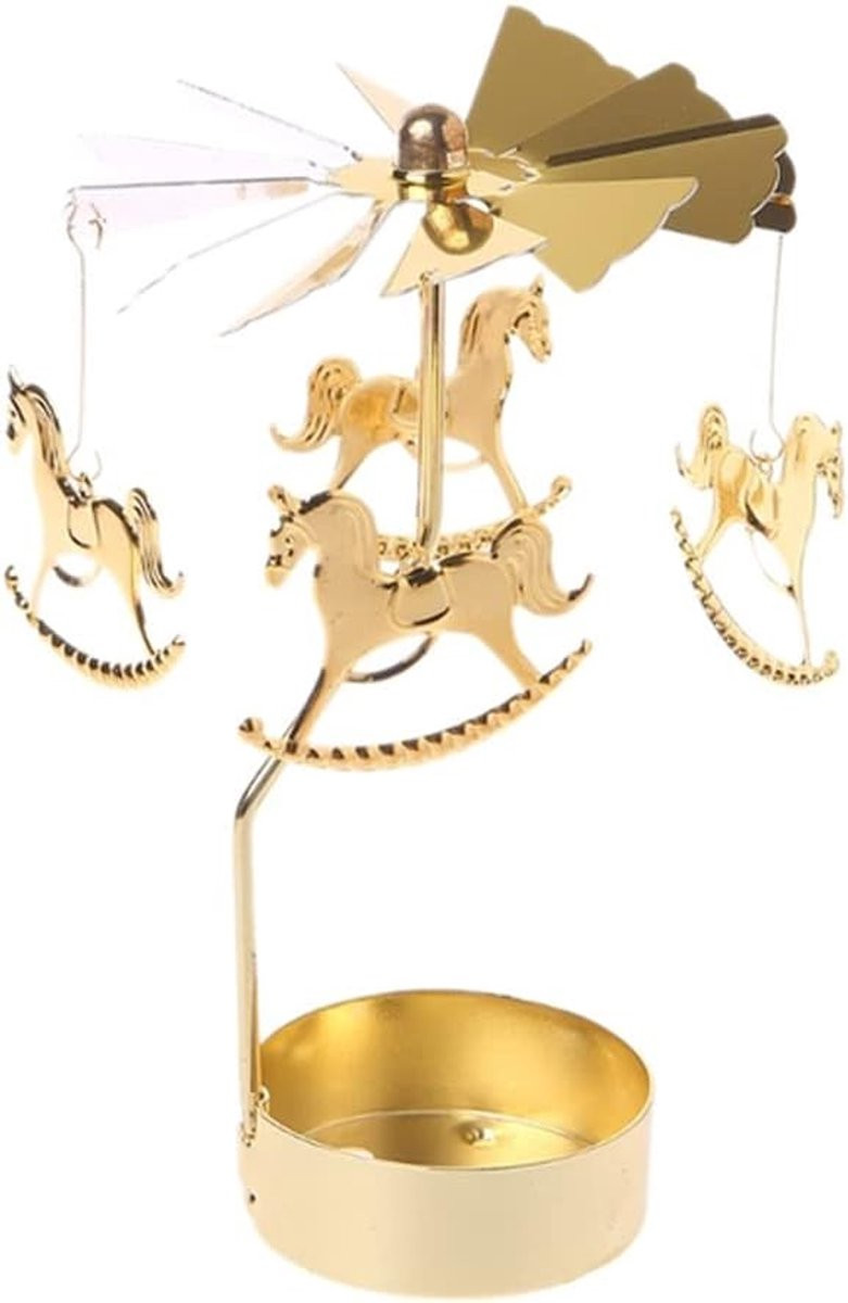 Gouden draaiende theelichthouder carrousel voor sfeervolle decoratie, Hoogte: 13 cm