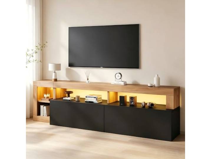 VILUXE TV Schrank Lowboard mit LED 184 cm Schwarz Holz TV Lowboard mit LED und Klapptüren, Spanplatte Holzoptik, Wohnzimmer Heimkino, Familienhaushalte