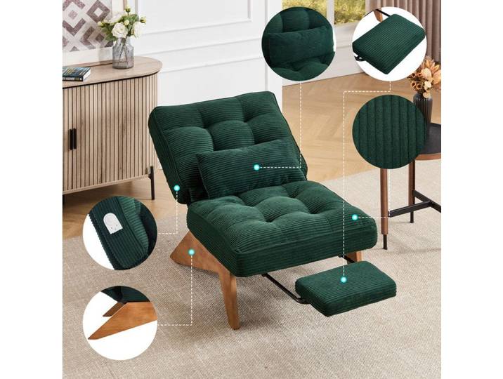 WOVREO Fauteuil lounge réglable 1 place avec repose-pieds velours côtelé vert émeraude et pieds en bois massif