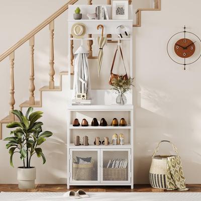 Yun Hall Tree with Doors White 72.8in Coat Rack Shoe Storage for Living room - White_4 Hooks