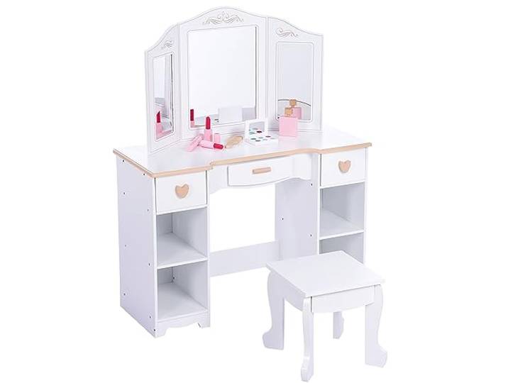 GarveeHome 2 in 1 Schminktisch Kinder Set, Kinderschminktisch mit Spiegel, Schminktisch für Mädchen, Kinderschminktisch mit Hocker, Schubladen, Offenen Fächern, Prinzessin Frisiertisch Holz, Weiß