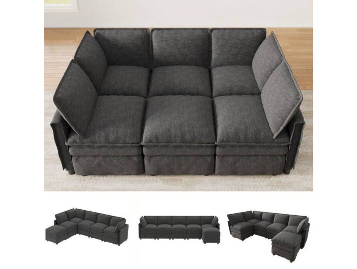 Canapé modulable convertible 6 places XXL Canapé d'angle réversible en U/L Canapé-lit en chenille avec pouf mobile gris