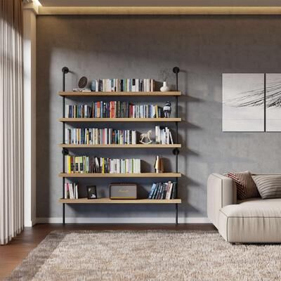 "Wallniture 60"" x 9.25"" Pipe Bookcase, Industrial Book Shelving Unit, Hanging Shelves for Home Organization, Farmhouse, 5 Tier"