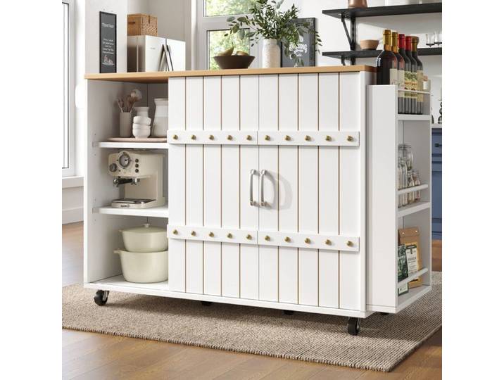 Desserte Cuisine - Blanc - Plateau Pliable 42-70cm - Portes Coulissantes - 3 Tiroirs
