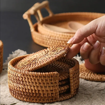 Combo Retail Shop Drink Coasters For Tea, Rattan Weave Tableware, Heat Insulation Mat Pad, Round Place Mat, Dish Mat For Cups 6pcs (8cm)