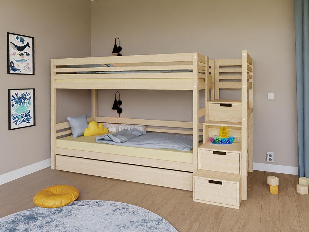 Etagenbett TULY mit Treppen und Stauraum 90x200 cm - Transparente Wachs-Lasur matt - Links - Doppelbettkasten