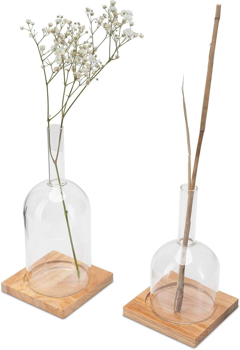 Set van unieke mondgeblazen glazen flesvazen voor tafeldecoratie, transparant, Hoogte: 21 cm