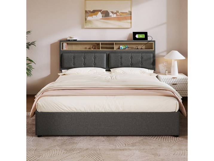 Fine Life Pro Bett Polsterbett mit 4-Schubladen-Doppelbett, USB-C Anschluss, einstellbarer Höhe des Kopfteils, Holzlattenrost