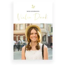 Dankeskarte Konfirmation: Goldschrift mit Foto mit Foto in Weiß