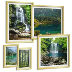 BILDER SET 5er Set - 50x50 cm & 20x30 cm & 40x60 cm Goldrahmen - Grüne Landschaften, Wasserfälle