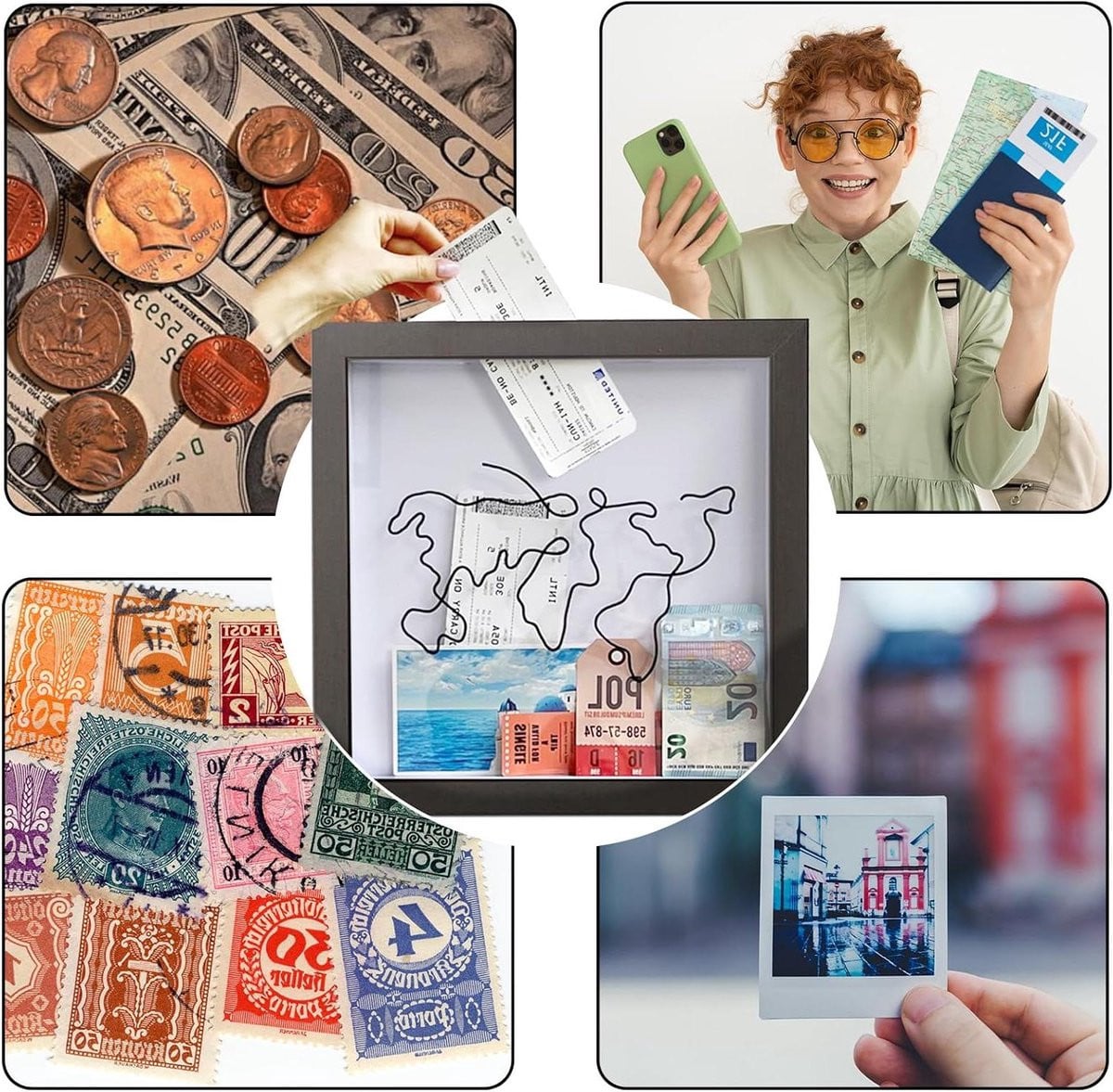 Ticket Shadow Box Herinneringen Frame Reis Collectie Opslag Massief Houten Frame Zwart 20x20 cm