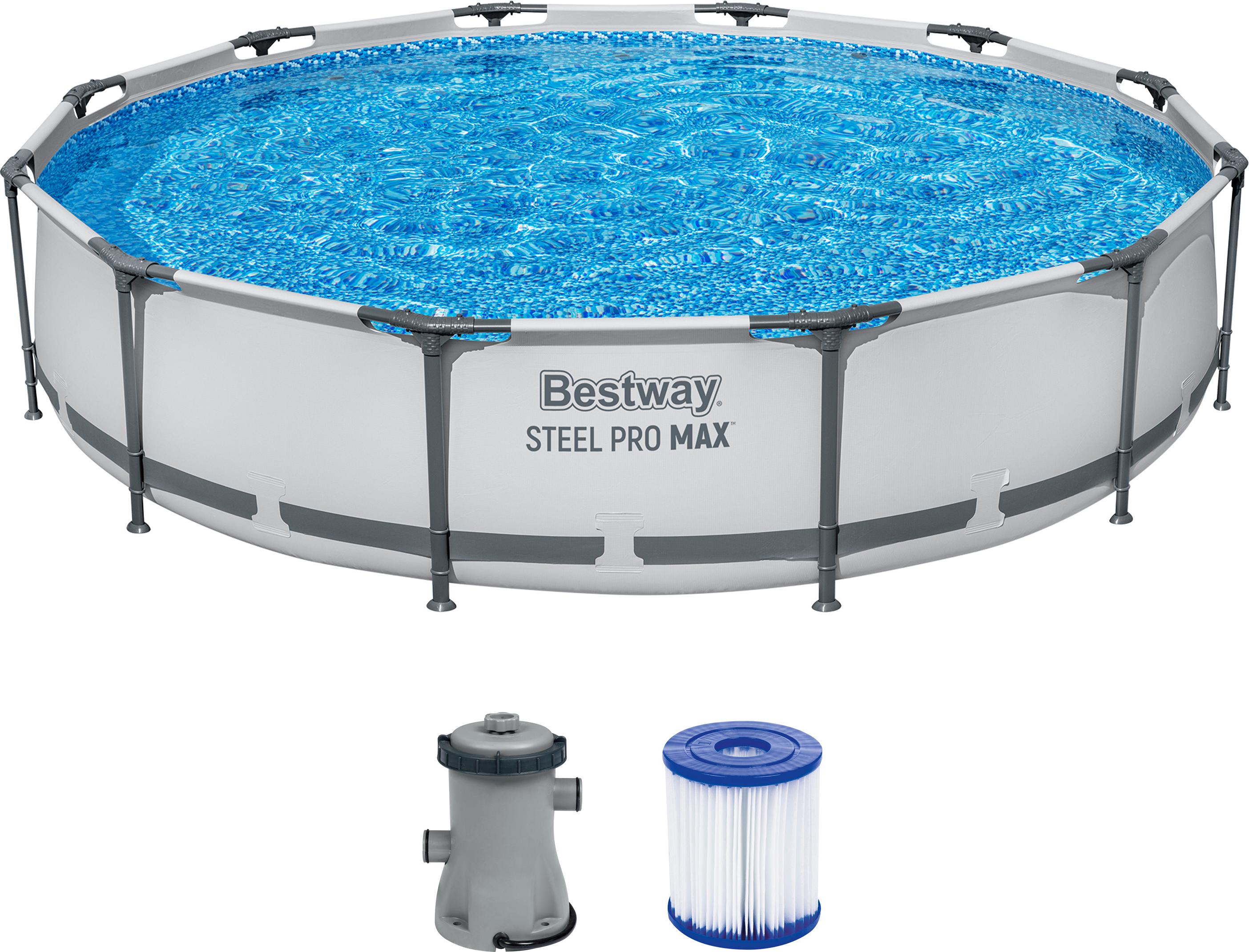 Bestway Steel Pro MAX Frame Pool Set mit Filterpumpe Ø 366 x 76 cm, lichtgrau, rund