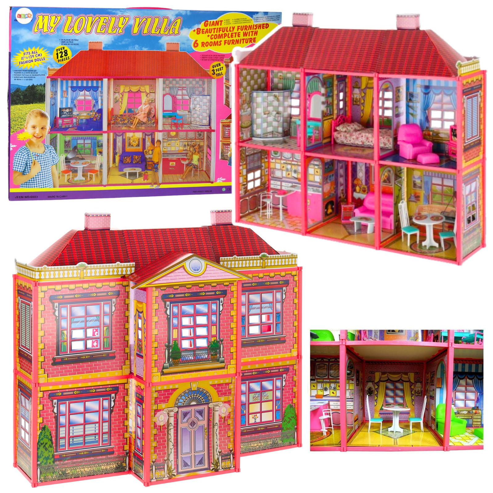 Leantoys Villa groot poppenhuis met 6 kamers, meubels en accessoires, 128 onderdelen