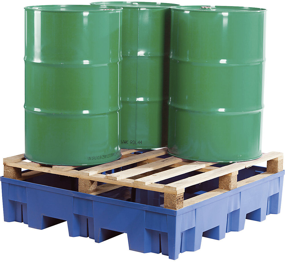 PE-Auffangwanne für 4 x 200-l-Fässer, LxB 1235 x 1235 mm, Auffangvolumen 255 l, ohne Gitterrost asecos