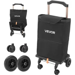VEVOR Einkaufstrolley Faltbarer Einkaufswagen mit 75kg Tragkraft Schwarz, 40L Kapazität, Mit Kühlfach Teleskopgriff + 4 Rollen, Tasche Abnehmbar, 2-in-1 Einkaufsroller für Einkauf Camping Haushalt