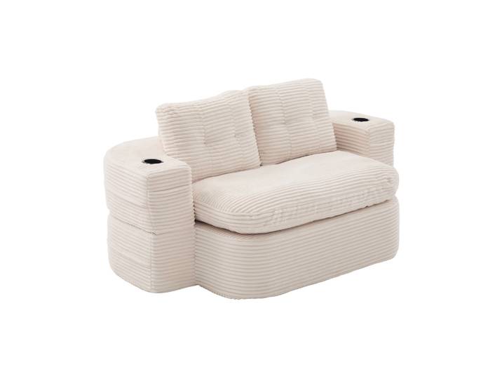 Poltrona Letto 2 In 1 165x97x61 Cm Velluto A Coste Beige Con Portabevande - Chicfurn