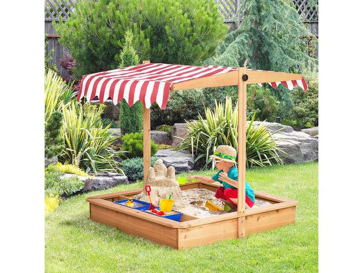 Outsunny Bac à Sable en Bois Design sans Fond pour Enfants 3-7 Ans Bac à Sable avec Couverture Parasol pour Jardin Terrasse Plage Extérieur Jaune 107,5 x 107,5 x 110 cm