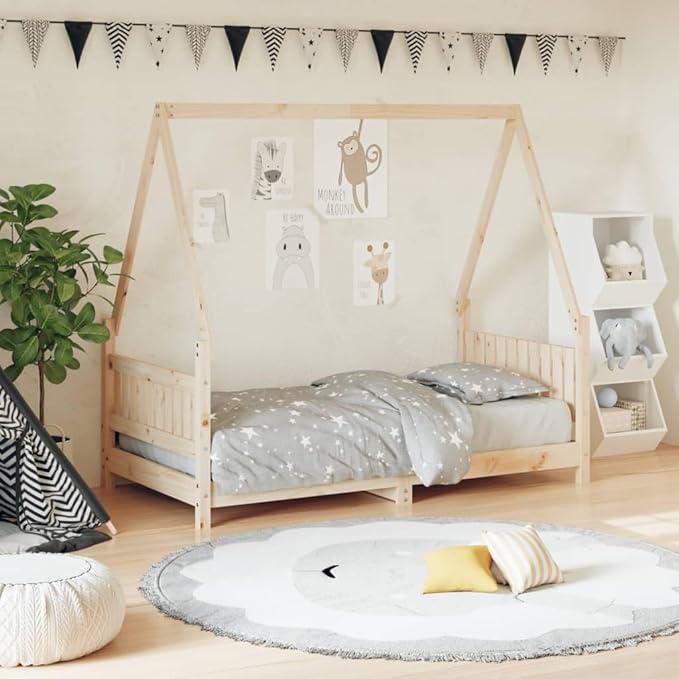 Kinderbett 80x160 cm aus massivem Kiefernholz, Hausbett Gestell mit Lattenrost und niedriger Einstiegshöhe, für Kleinkinder ab 4 Jahren