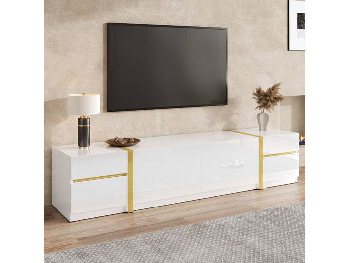 Meuble Tv Blanc Brillant 180 X 40 X 38 Cm Avec 4 Tiroirs Et 2 Portes\, Finitions Dorées\, Redom