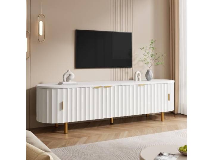 Crlnaup TV-Lowboard aus MDF mit 5 Türen, geriffelter Front, abgerundeten Seiten, Eisenfüßen und Eisengriffen