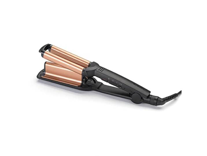 BaByliss Deep Waves Welleneisen – Keramikbeschichtung, 3 Temperaturstufen (160°C-200°C), frizzfreie Mermaid Waves & Beach-Waves, schnelles Aufheizen – Schwarz & Gold, W2447E