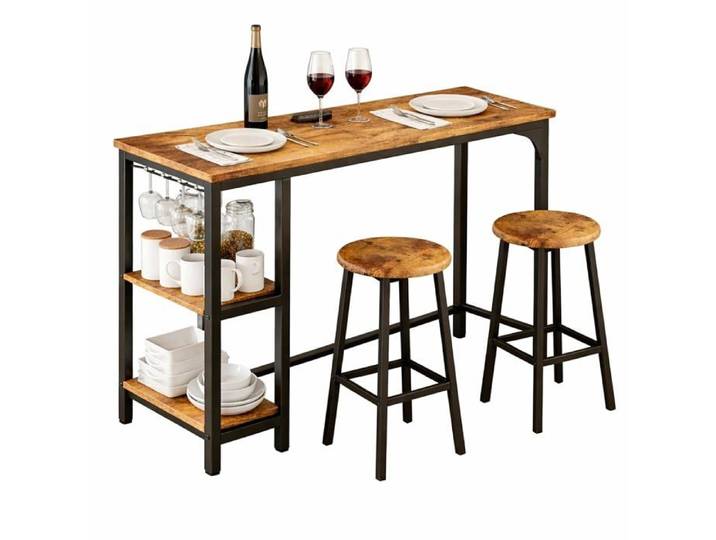 Ensemble table bar 3 pièces avec 2 tabourets - Table haute 2 étagères porte-verres 120 x 40 x 90 cm - Style rétro