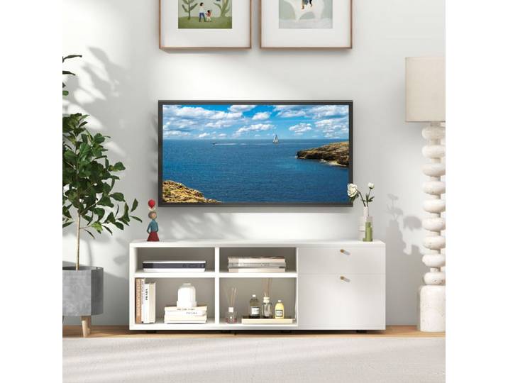 GIANTEX Meuble TV 108 cm- 2 Tiroirs- 4 Compartiments Ouverts- pour TV 49 - Armoire de Rangement Moderne pour Salon Chambre- Blanc