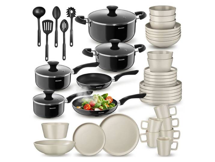 tectake Kochbesteck-Set Küchen Komplettset mit Steingut Geschirr, Alu-Töpfen, Pfannen (Una/Varese - für Induktionsherde geeignet, 45-tlg., in Schwarz/taupe), hitzebeständig, kratzfest, leichte Reinigung, Inkl. Küchenwerkzeuge