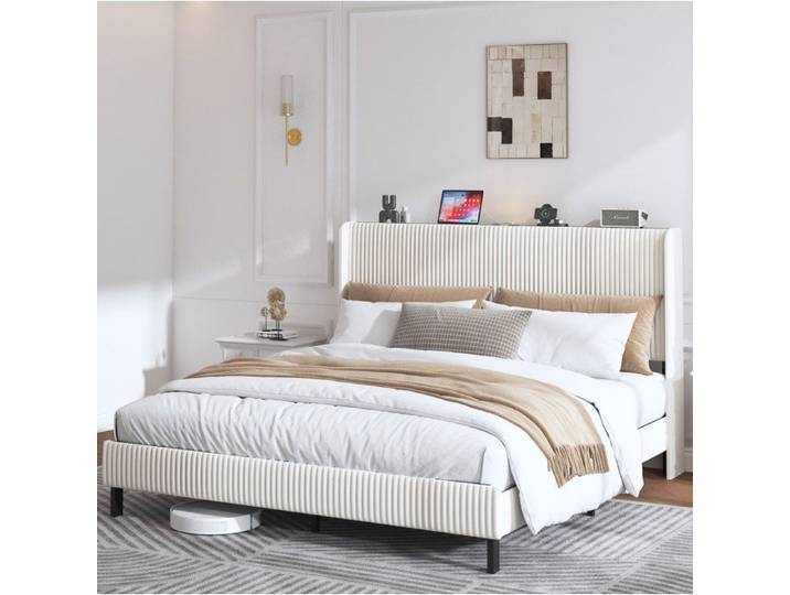 WUVRIE Cadre de lit 180 x 200 cm rembourré en velours côtelé tête de lit à ailes 13 lattes métalliques beige crème