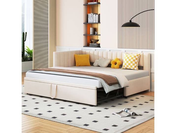 Canapé‑lit d'angle gigogne 90x200 → 180x200 cm velours beige gain de place tête de lit