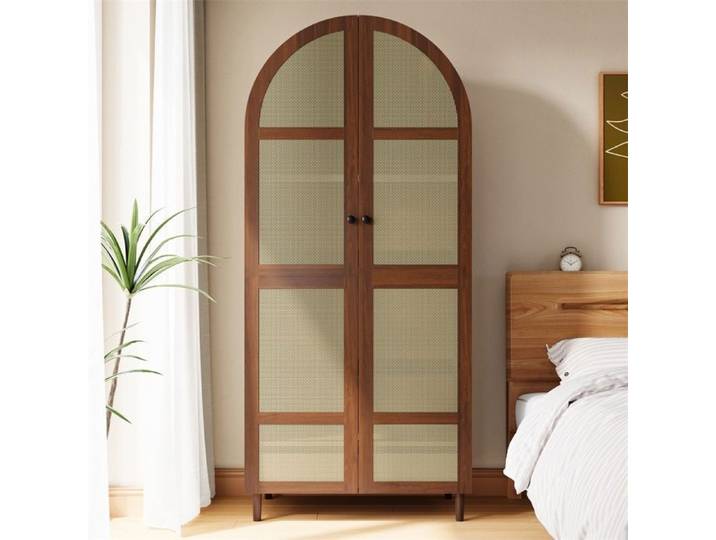 Armoire de chambre Noyer - Portes Arquées Arc-de-Cercle en Rotin Tressé - Penderie & Tiroirs Inférieurs - Pieds en Bois Robustes
