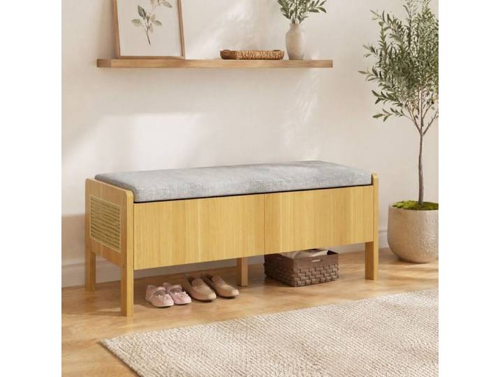 Banc de rangement banc a chaussures 2 tiroirs assise rembourree cotes en cannage bambou et MDF gris naturel - UVRION