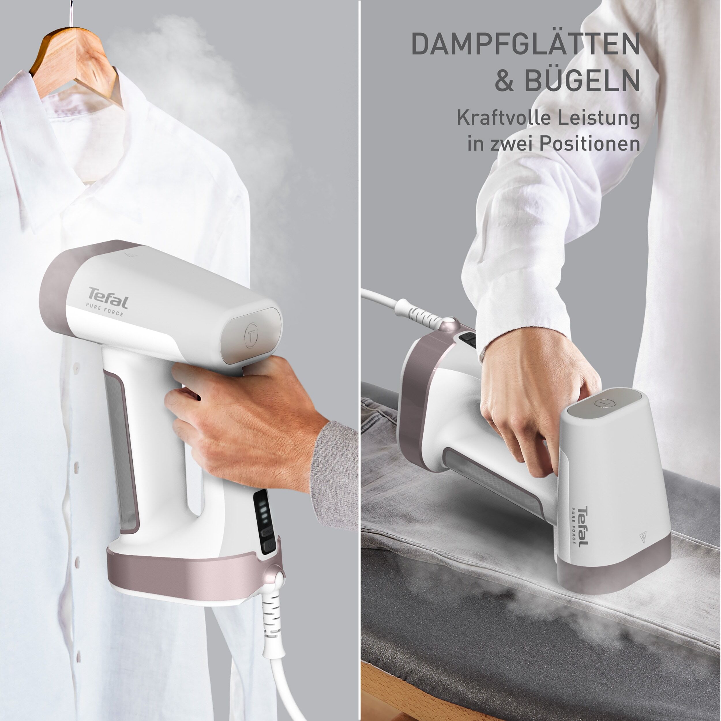 Tefal Dampfbürste "DT8720 Pure Force 2-in-1", rosa (cinnamon pink metallic, weiß), B:11,8cm H:25,3cm T:21cm, Bügeleisen, vertikal Dampfen, horizontal Bügeln, 12 Minuten Autonomie, Dampfbürste