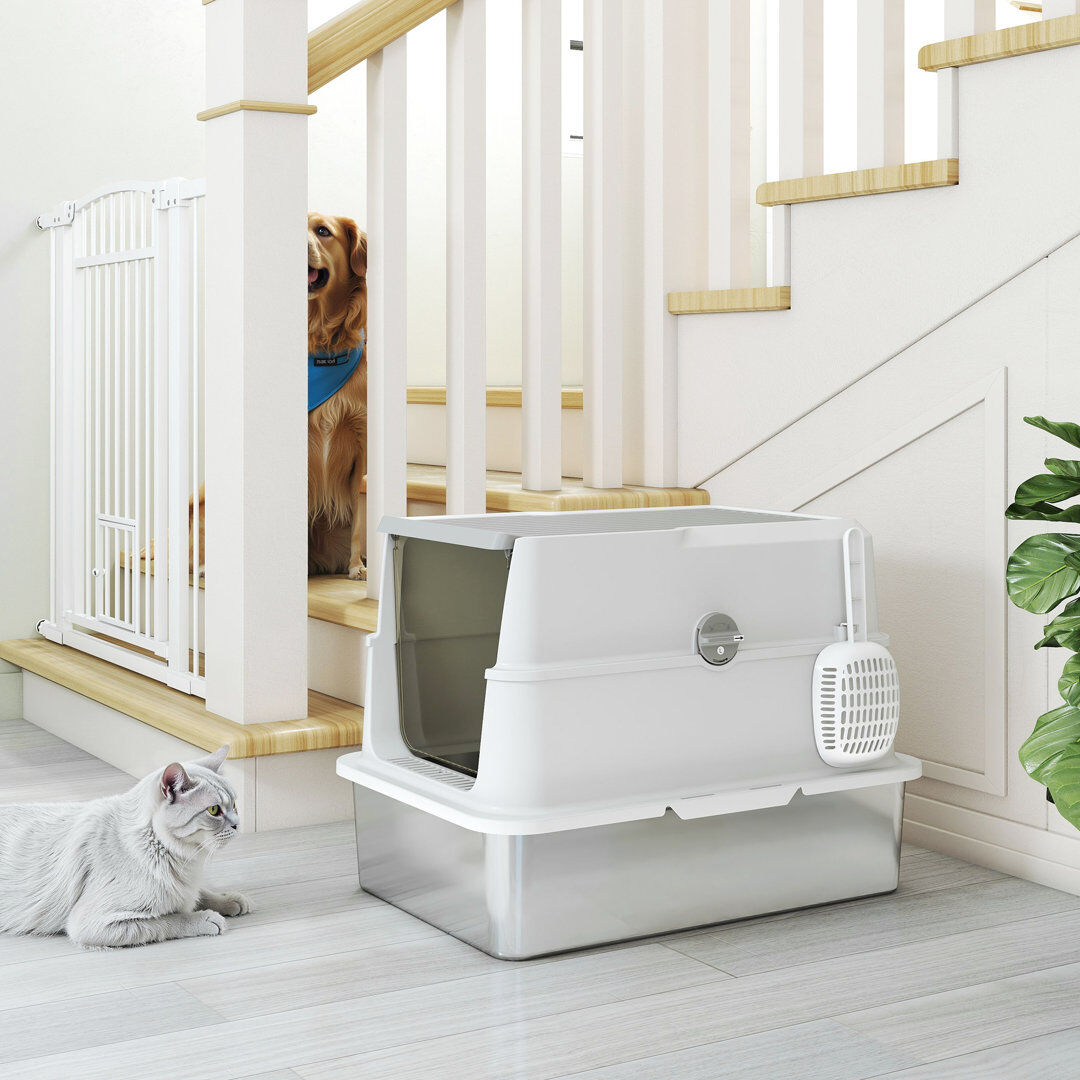 PawHut Extra Large Stainless Steel Cat Litter Tray with Scoop Flip Top Gray 43.3cm H X 60.2cm W X 40.3cm D