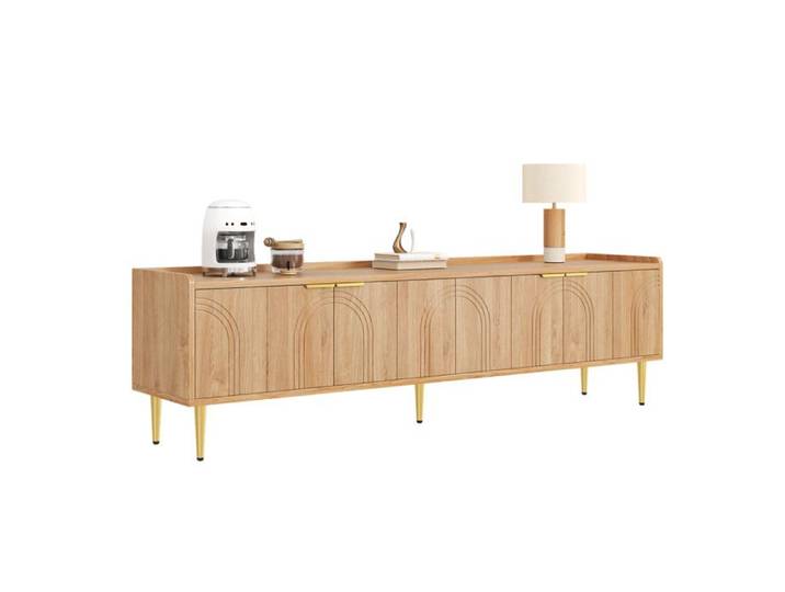 WUVRIE Meuble TV 170 cm en MDF aspect bois naturel 4 portes poignées dorées passe-câbles