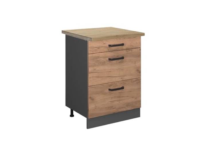 Vicco Küchenunterschrank R-Line, Goldkraft Eiche, 60 cm 3 Schubladen · Arbeitsplatte Eiche · Höhenverst. Füße · Leichter Zugriff · Frei kombinierbar