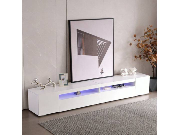 Maisentiel Meuble TV moderne blanc 240 cm en MDF avec éclairage LED à couleur variable