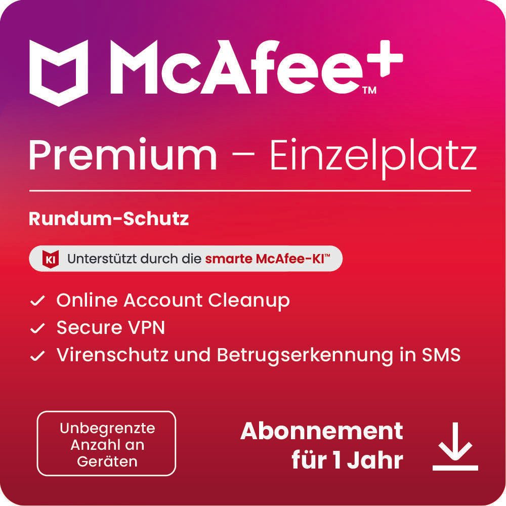 McAfee+ Premium - Individual - Abonnement-Lizenz (1 Jahr) - Download - Win, Mac, Android, iOS - Deutsch - R MPP31MNRURFYD